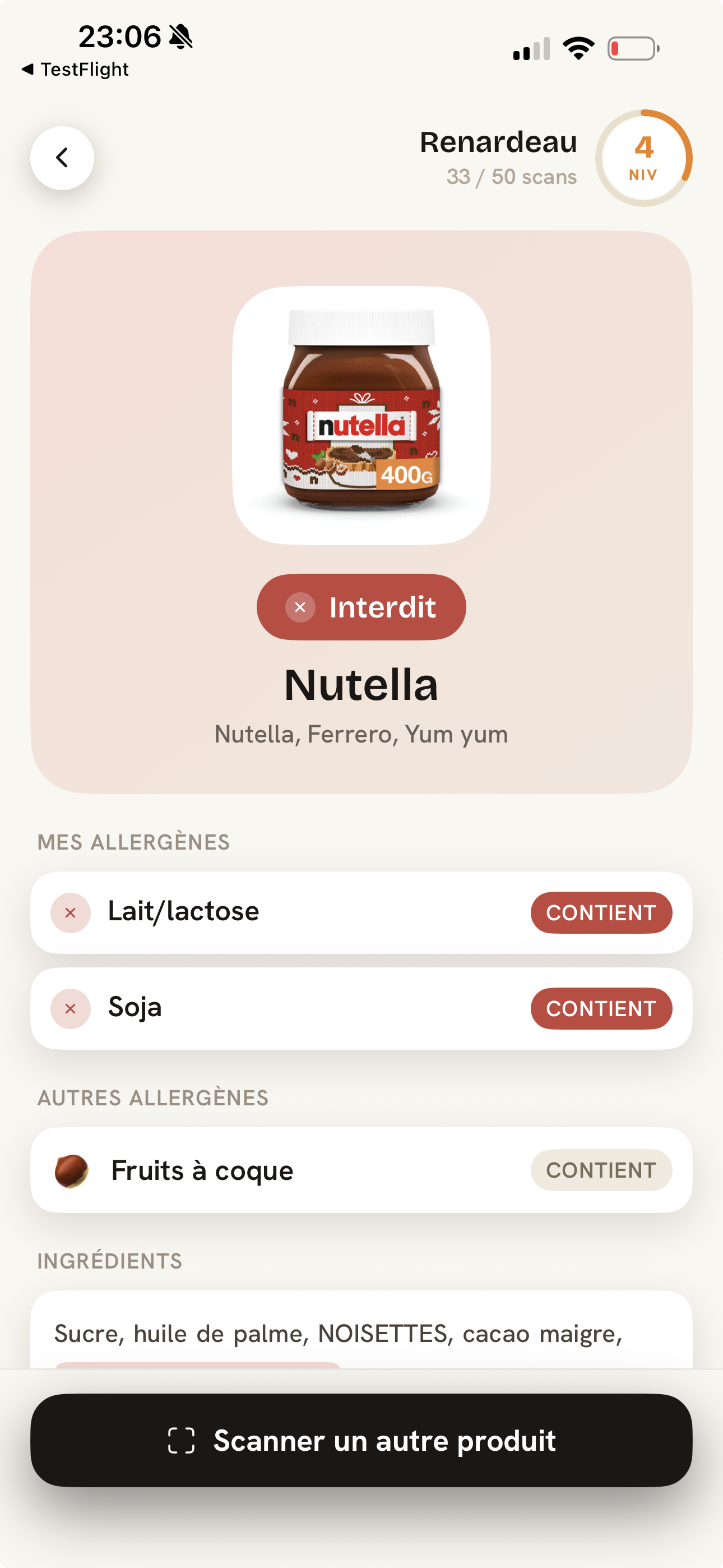 Résultat Codiz : Nutella interdit (contient lait et soja)